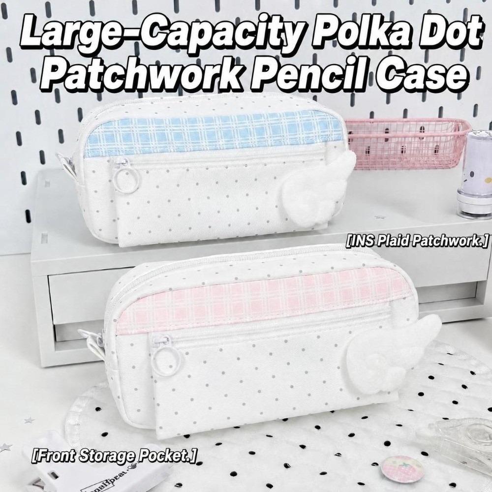 Aesthetic Polka Dot Plaid Penc - Aesthetic Large Pencil Case Pouch recension och pris